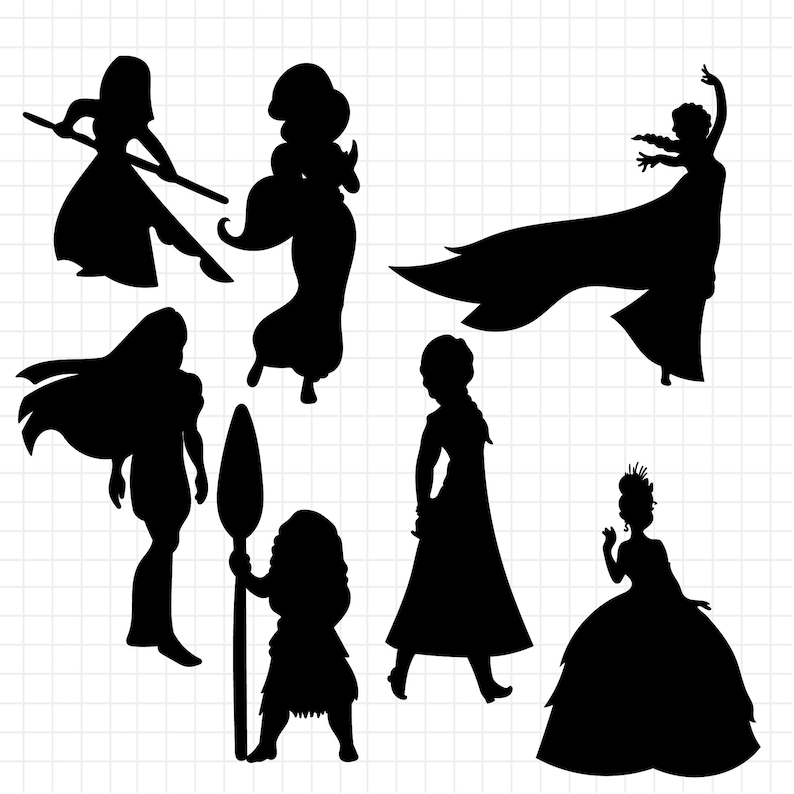 May include: Silhouettes of seven Disney princesses and characters, including Moana, Elsa, and Ariel. The characters are all in black against a white grid background.
