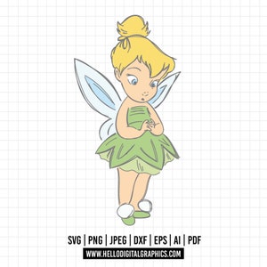 Peut inclure: Une illustration de dessin animé de la fée Clochette, avec des cheveux blonds, des ailes vertes et une robe verte. Elle tient ses mains jointes devant elle et regarde vers le bas.
