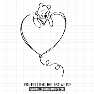 1074 - Winnie the Pooh flying in a heart balloon line art Svg, Eps, Jpeg, Dxf, Png. Disneyy classic, Winnie the pooh dtf.