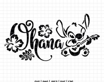Op de afbeelding: Zwart-wit silhouetontwerp van een cartoonfiguur dat ukulele speelt met het woord "Ohana" geschreven in een gestileerd lettertype. Het personage draagt een bloemenketting en heeft een bloem achter zich.