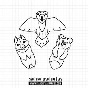 Puede incluir: Dibujo lineal en blanco y negro de tres animales estilizados: un águila con las alas extendidas, un lobo y un oso. La imagen incluye información sobre el tipo de archivo: SVG, PNG, JPEG, DXF y EPS, junto con una dirección web.