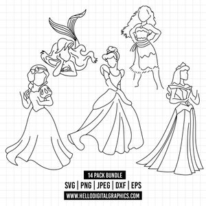 1255 - Paquete de svg de contorno de princesa, SVG de Blancanieves, SVG de princesa, archivos svg de princesa para Cricut Silhouette/Tumbler svg