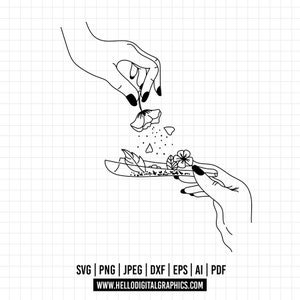 Può includere: Un disegno in bianco e nero di due mani, una delle quali lascia cadere un fiore in un pezzo di carta arrotolato tenuto dall'altra mano.