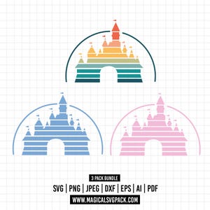 May include: Three castle illustrations with horizontal stripes and arched outlines. The top castle features a gradient from orange to teal. The bottom left is blue, and the bottom right is pink. Text reads 3 PACK BUNDLE SVG PNG JPEG DXF EPS AI PDF WWW.MAGICALSVGPACK.COM
