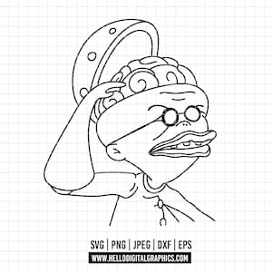 May include: Black and white line art of a cartoon character wearing glasses and a hat. The character has a large mouth and is touching their head. The image includes the text "SVG | PNG | JPEG | DXF | EPS" and "WWW.HELLODIGITALGRAPHICS.COM".