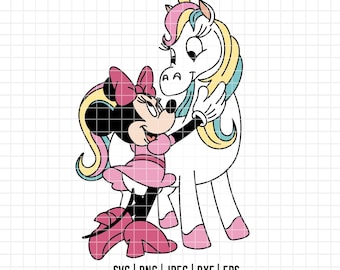4057 - Minnie with her unicorn friend dtf full color SVG, EPS, PNG - Disneey Minnie Clipart Vector. minnie portraits clipart svg.