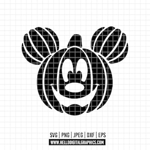 May include: Black and white silhouette of a pumpkin carved to look like Mickey Mouse. The pumpkin has a wide smile, large eyes, and a small nose.