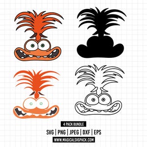 May include: A digital graphic bundle featuring four variations of a cartoon character with spiky hair and large eyes. The designs include a full-color version, a solid black silhouette, a simplified orange outline, and a black line art version. Text reads 4 PACK BUNDLE SVG | PNG | JPEG | DXF | EPS WWW.MAGICALSVGPACK.COM.