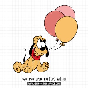 Puede incluir: Una ilustración de dibujos animados de un perro marrón y amarillo con una bandana roja que sostiene tres globos. Los globos son rosas y amarillos.