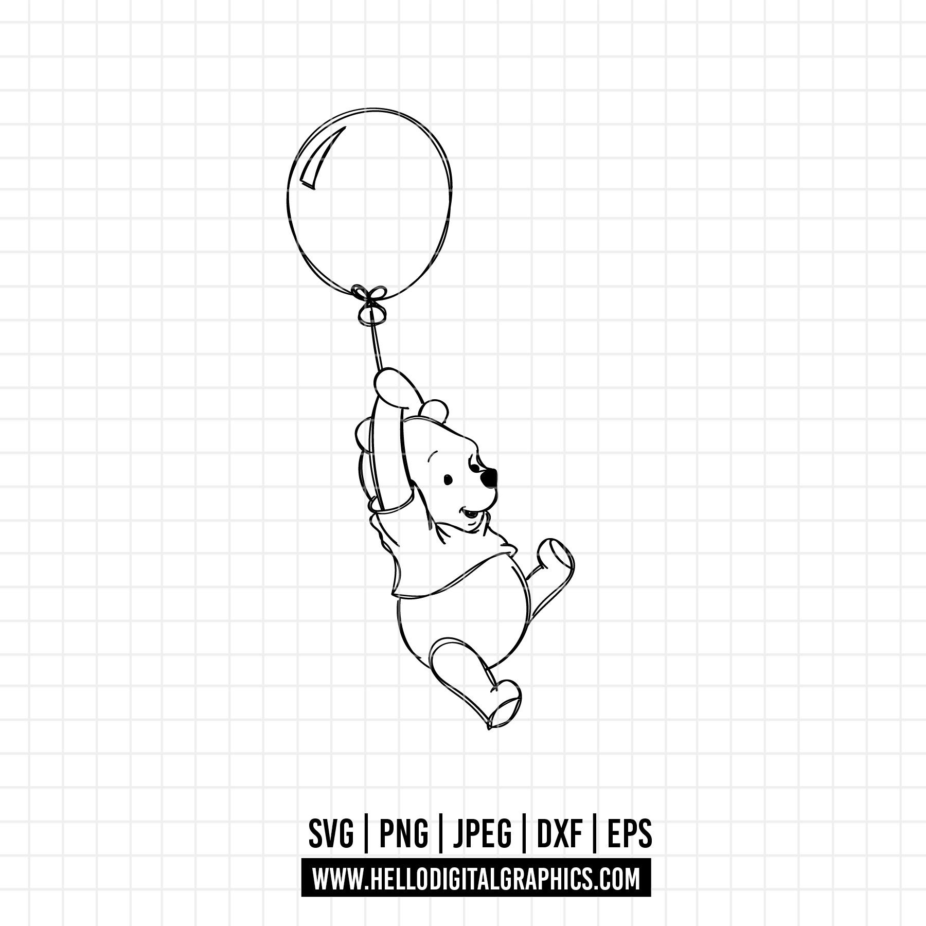640 - 風船に乗って飛ぶくまのプーさん SVG、PNG、EPS - くまのプー