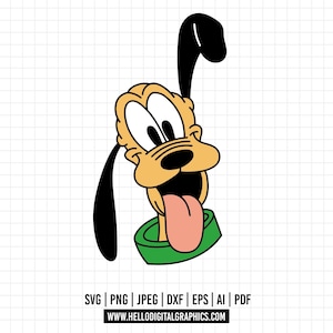 May include: A cartoon illustration of Pluto, a yellow dog with black ears, a green collar, and a big, pink tongue sticking out. Pluto is looking to the right and has a happy expression.