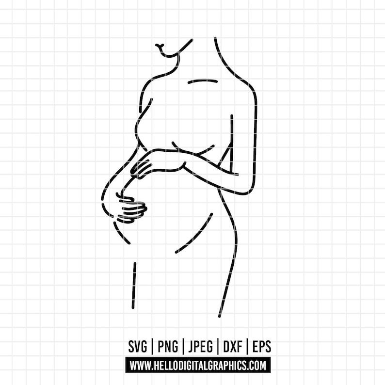 Może przedstawiać: Ilustracja liniowa osoby w ciąży z rękami na brzuchu.
