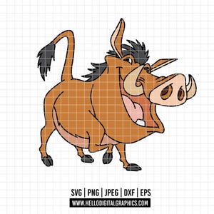 May include: A cartoon illustration of a warthog in shades of brown, tan, and black, with a large open mouth and tusks. The warthog is smiling and has a black tail. The image includes the text "SVG | PNG | JPEG | DXF | EPS" and "WWW.HELLODIGITALGRAPHICS.COM".