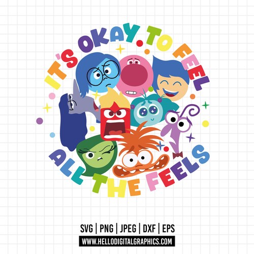 1515 - inside out phrases with characters SVG, EPS, PNG - It's okay to feel all the feels Clipart Vector. Anxiety envy disgust joy fear