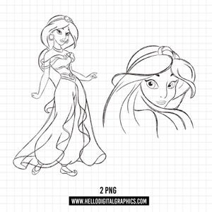 1688 - Disneyy Princess Jasmine Sketch pack bundle PNG - Jasmine outline PNG doodle Clipart vector. Princess Jasmine line art.
