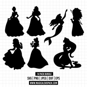 Könnte beinhalten: Eine Sammlung von sechs schwarzen Silhouetten weiblicher Figuren in Kleidern und einer Meerjungfrau auf einem weißen Rasterhintergrund. Der Text unten lautet 14 PACK BUNDLE SVG | PNG | JPEG | DXF | EPS und WWW.MAGICALSVGPACK.COM in schwarzen Kästen.