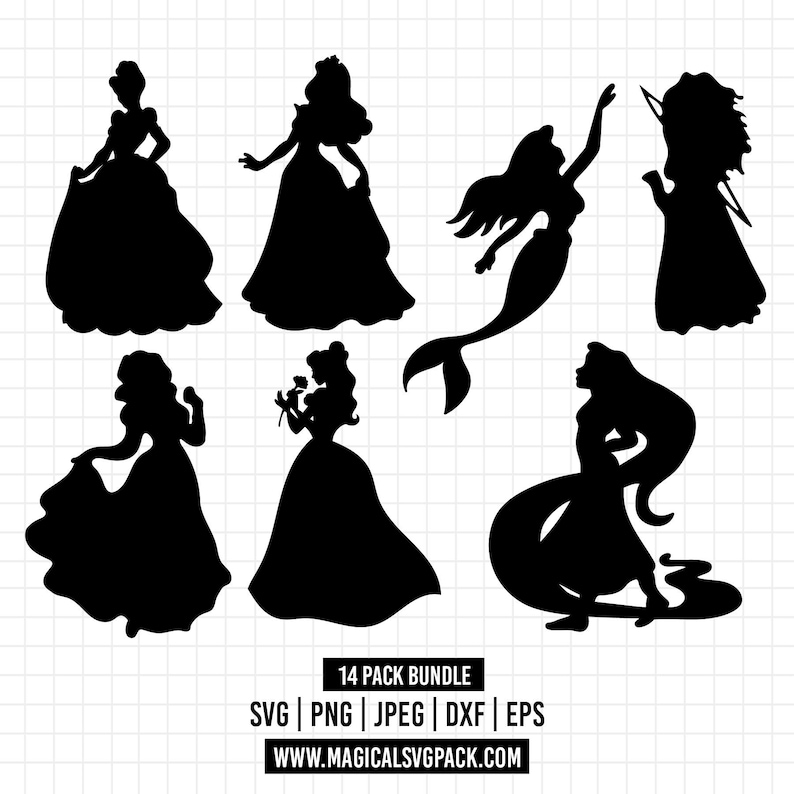 May include: A collection of six black silhouettes of female figures in gowns and a mermaid on a white grid background. Text at the bottom reads 14 PACK BUNDLE SVG | PNG | JPEG | DXF | EPS and WWW.MAGICALSVGPACK.COM in black rectangular boxes.