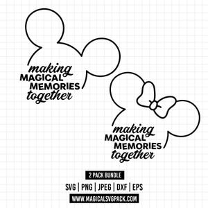 May include: Two black line art silhouettes of mouse ears on a white grid background. One silhouette features a bow. Both include the black text: making MAGICAL MEMORIES together. Below is a black box with white text: 2 PACK BUNDLE SVG | PNG | JPEG | DXF | EPS | WWW.MAGICALSVGPACK.COM