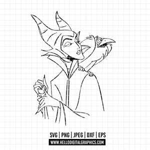 May include: Black and white line art illustration of Maleficent from Disney's Sleeping Beauty. She is wearing a long robe and has horns on her head. She is holding a staff in her right hand and has a raven perched on her shoulder.