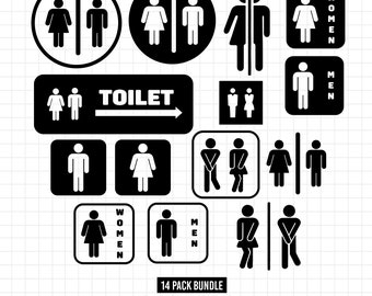 Könnte beinhalten: Ein Satz von 14 schwarzen und weißen Toilettenzeichen mit verschiedenen Geschlechtsymbolen. Die Schilder enthalten die Wörter "TOILET", "FRAUEN" und "MÄNNER".