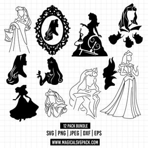 May include: A collection of twelve black and white digital illustrations featuring silhouettes and line art of a princess character in various poses, including a portrait in an ornate frame, with text reading 12 PACK BUNDLE SVG PNG JPEG DXF EPS.