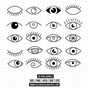 May include: A set of 20 black and white eye illustrations. The eyes are in various styles, including open, closed, and with different details like eyelashes, pupils, and patterns. The illustrations are perfect for crafting, scrapbooking, and digital design.