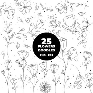 Puede incluir: Un conjunto de 25 garabatos de flores en blanco y negro, que incluyen rosas, margaritas y otros diseños florales. Los garabatos son simples y elegantes, perfectos para agregar un toque de naturaleza a cualquier proyecto.