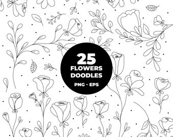 cod66 - Flowers Doodles pack bundle line art SVG - PNG - EPS - flowers doodle clipart. Botanical pack Clipart, Floral Line Art, Wedding