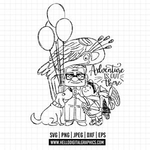 May include: Black and white line art illustration of a man, a child, and a dog. The man is wearing glasses and a shirt. The child is wearing a backpack and a hat. The dog is wearing a collar. The illustration includes three balloons and the text "Adventure is out there".
