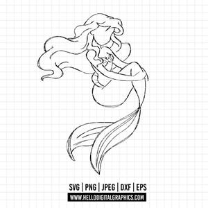 628 - Croquis de petite sirène Princesse Disney SVG, EPs, PNG - Vecteur de clipart petite sirène contour doodle. Dessin au trait Princesse Ariel dtf
