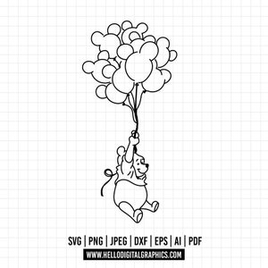 1081 - Winnie the pooh flying in the ballons line art Svg, Eps, Jpeg, Dxf, Png. Disneyy classic, Winnie the pooh dtf.