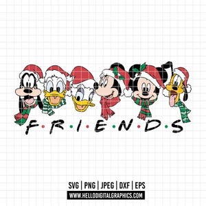 May include: A digital graphic featuring Disney characters in Christmas attire. Goofy, Donald Duck, Daisy Duck, Minnie Mouse, Mickey Mouse, and Pluto are wearing Santa hats and scarves. The word "FRIENDS" is written below in a colorful font.