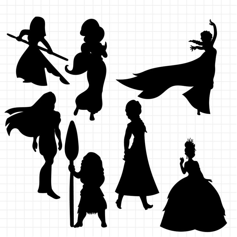 May include: A collection of seven black silhouettes depicting various female figures in different poses, including one holding a long staff, one with a flowing cape, and one wearing a large ball gown, all set against a white grid background.