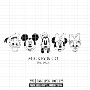May include: Black and white cartoon character heads of Mickey Mouse, Minnie Mouse, Donald Duck, Goofy, and Daisy Duck. The text "MICKEY & CO Est. 1928" is below the characters.