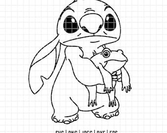 3597 - Stitch and the Frog line art Svg, Eps, Jpeg, Dxf, Png. Disneyy, Stitch Dtf.