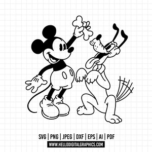 Puede incluir: Ilustración en blanco y negro de Mickey Mouse y Pluto. Mickey sostiene un hueso en su mano derecha y Pluto mira el hueso con la lengua afuera.
