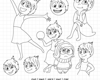 May include: Black and white line art illustrations of characters from the movie Inside Out. The characters are Joy, Sadness, Fear, Anger, and Disgust. The illustrations are in a cartoon style and are perfect for colouring or crafting.