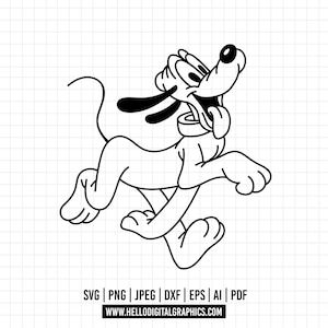 May include: Black and white line art illustration of a cartoon dog running. The dog has a large, expressive face with a wide smile and a long tongue sticking out. The dog is wearing a collar.