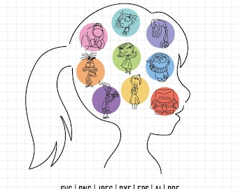 May include: A black and white line drawing of a girl's head with a ponytail. Inside the head are nine colourful circles, each containing a different cartoon character from the movie Inside Out. The characters are Joy, Sadness, Fear, Anger, Disgust, Bing Bong, and the control panel.