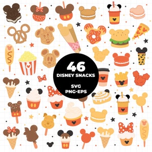 Peut inclure: Un ensemble de 46 fichiers de découpe SVG sur le thème des en-cas Disney. Les images comprennent Mickey Mouse, Minnie Mouse et d'autres personnages Disney. Les en-cas comprennent du pop-corn, des bretzels, des cupcakes, de la glace et bien plus encore.
