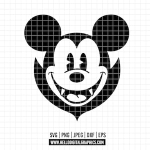 May include: Black and white silhouette of Mickey Mouse with a mischievous grin and fangs. The image is a simple, graphic design.