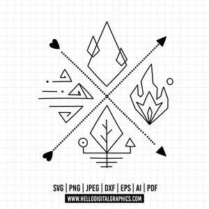 May include: Black and white geometric design featuring a mountain, a flame, a tree, and a tent. The design is surrounded by arrows and hearts.