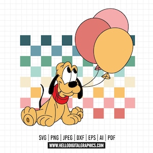 Puede incluir: Una ilustración de dibujos animados de un perro amarillo con una bufanda roja que sostiene tres globos. Los globos son rosas, amarillos y rosas. El perro está sentado sobre un fondo a cuadros.