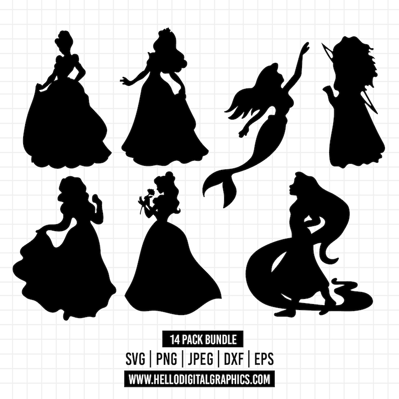 May include: A set of 14 black silhouette images of Disney princesses. The princesses include Cinderella, Belle, Ariel, and Rapunzel. The images are in a vector format and can be used for crafting, scrapbooking, and other creative projects.