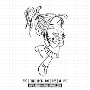 May include: A black and white line drawing of a girl with her hair in a ponytail, smiling and holding her hands together in front of her. She is wearing a skirt and a sweater.