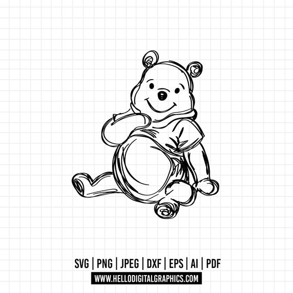 1112 - くまのプーさんが座っている落書き（SVG、EPS、Jpeg、DXF、PNG