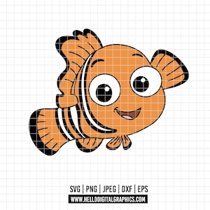 May include: A cartoon illustration of a clownfish in orange, black, and white. The fish has large, expressive eyes and a smiling mouth. The image includes the file type options: SVG, PNG, JPEG, DXF, and EPS, along with a website address.
