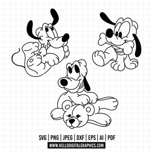 Puede incluir: Ilustración en blanco y negro de línea de arte de tres perros de dibujos animados. Un perro está acostado, otro está sentado y el tercero está sentado con un oso de peluche.