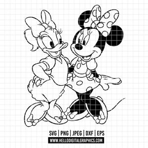 May include: Black and white line art illustration of a cartoon duck and mouse. The duck is wearing a bow and the mouse is wearing a polka dot dress.