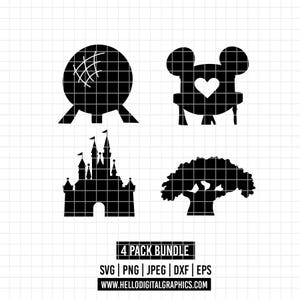 May include: A 4 pack bundle of SVG, PNG, JPEG, DXF, and EPS files featuring black silhouette cutouts of iconic Disney World landmarks: Spaceship Earth, the Mickey Mouse ears icon, Cinderella's Castle, and the Tree of Life.